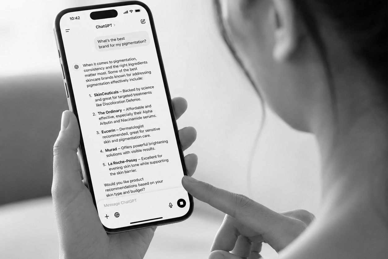 woman on phone searching up skincare recomendations