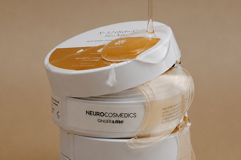 Hydra glow eye mask on skincare packaging with golden serum dripping from top