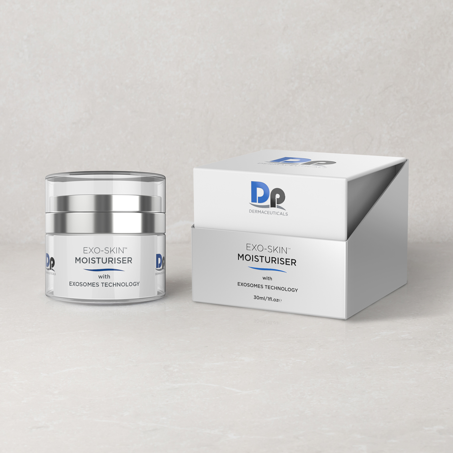 Dp Dermaceuticals Exo-Skin Moisturiser product and packaging in front of grey background