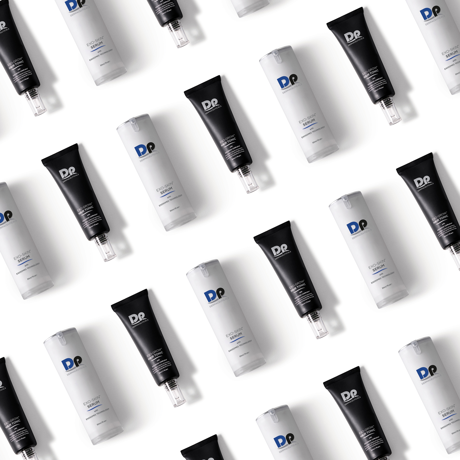 Dp Dermaceuticals Exo-Skin and Exo-Grow products lined up