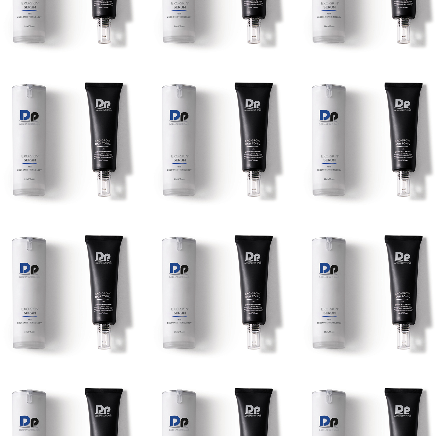 Dp Dermaceuticals Exo-Grow and Exo-Skin products next to each other in pattern