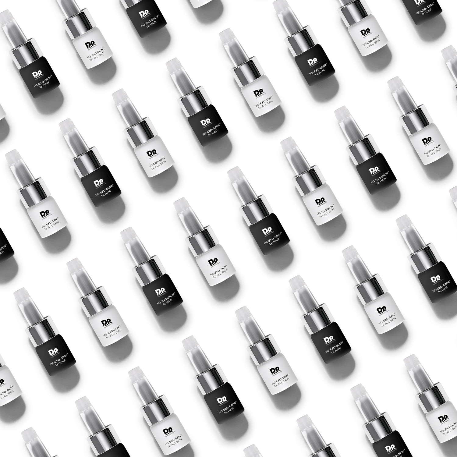 Dp Dermaceuticals MG-EXO-SKIN and MG-EXO-GROW products nexts to each other in pattern