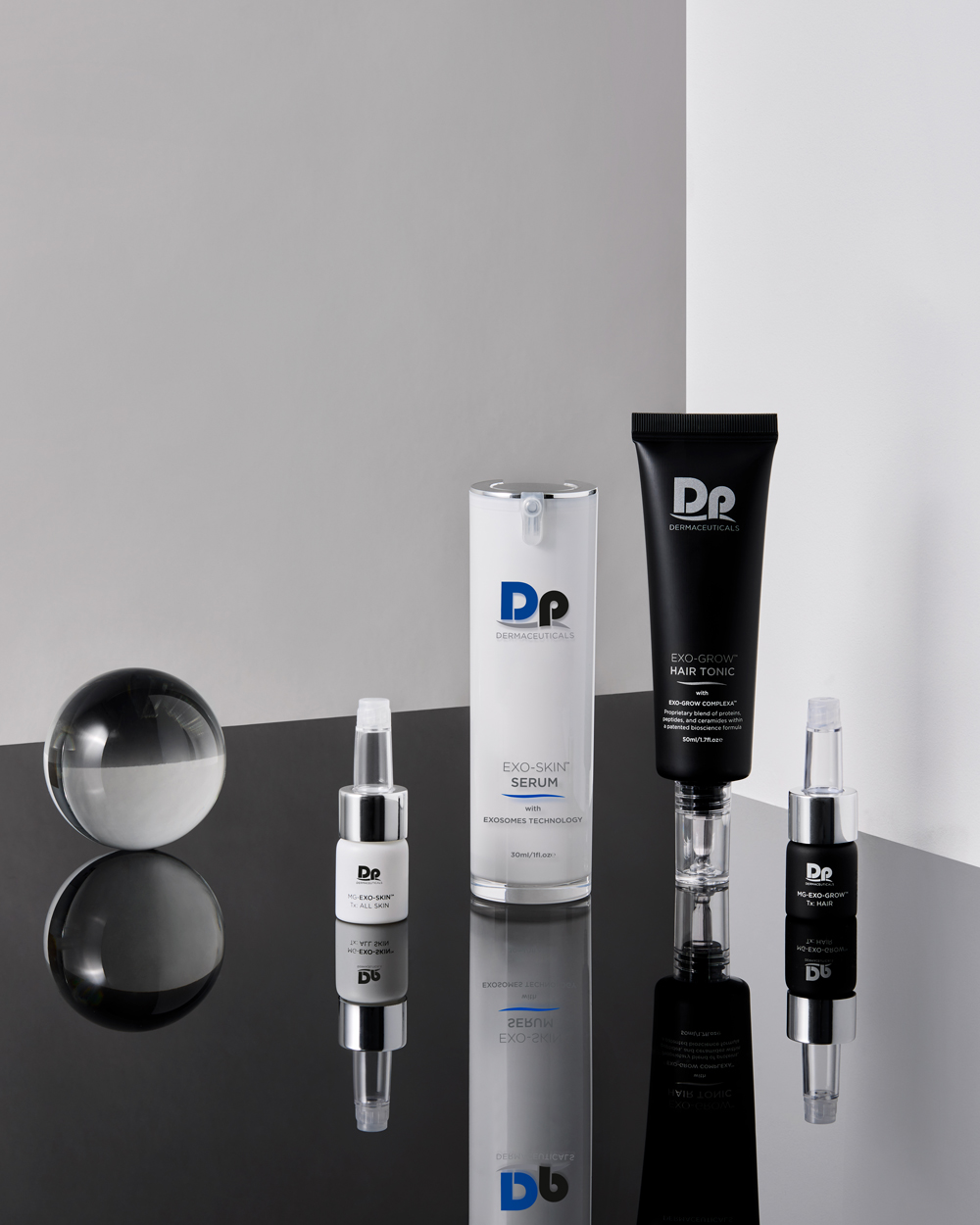 Range of Dp Dermaceuticals skin care in front of black and grey background