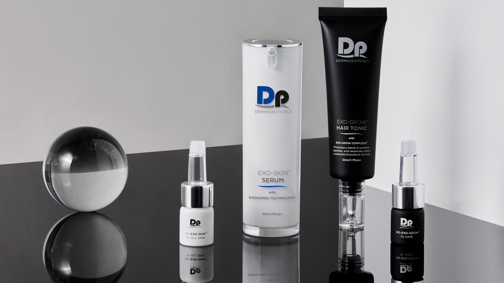 Dp Dermaceuticals Exo-Grow and Exo-Skin products lined up