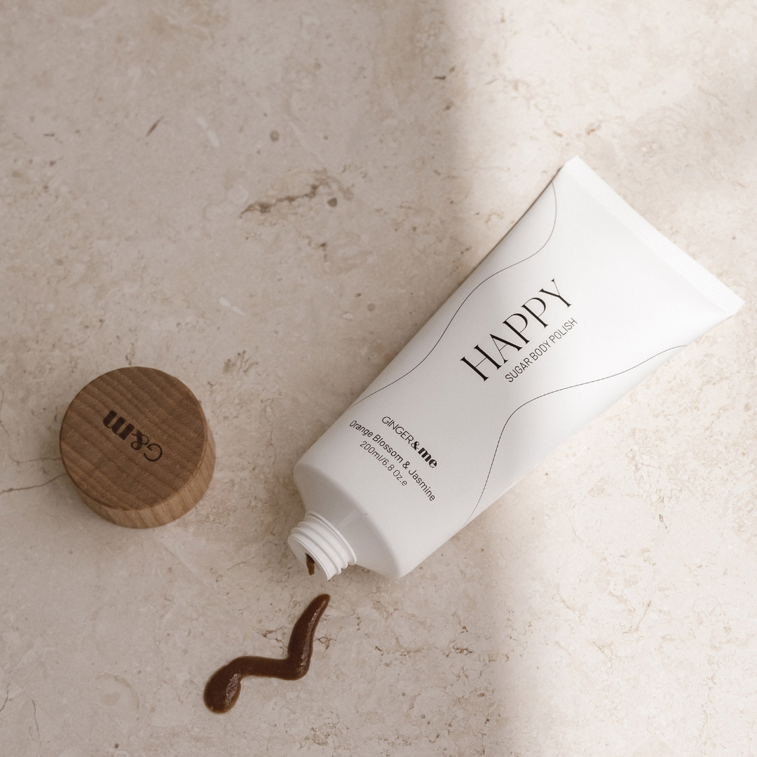 Sugar body polish happy with product on tile
