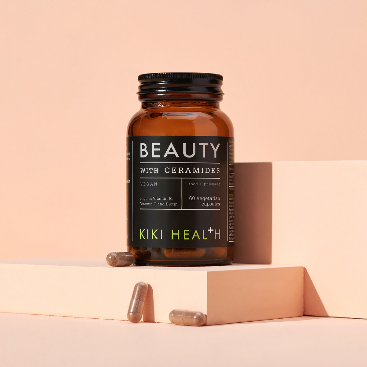 KIKI Health Beauty with Ceramides on pink shelf with pink background