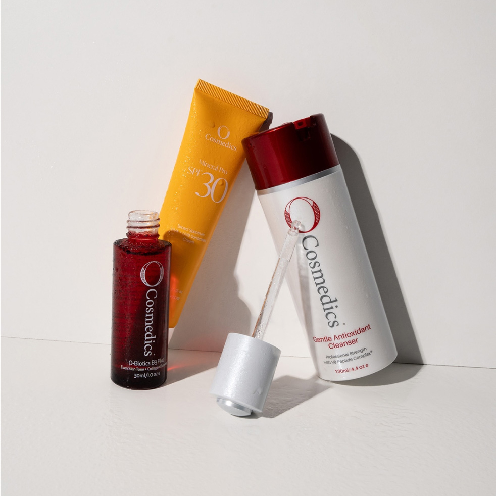 a group of o cosmedics products. spf 30 mineral pro, gentle antioxidant cleanser and the O-biotics b3 plus serum